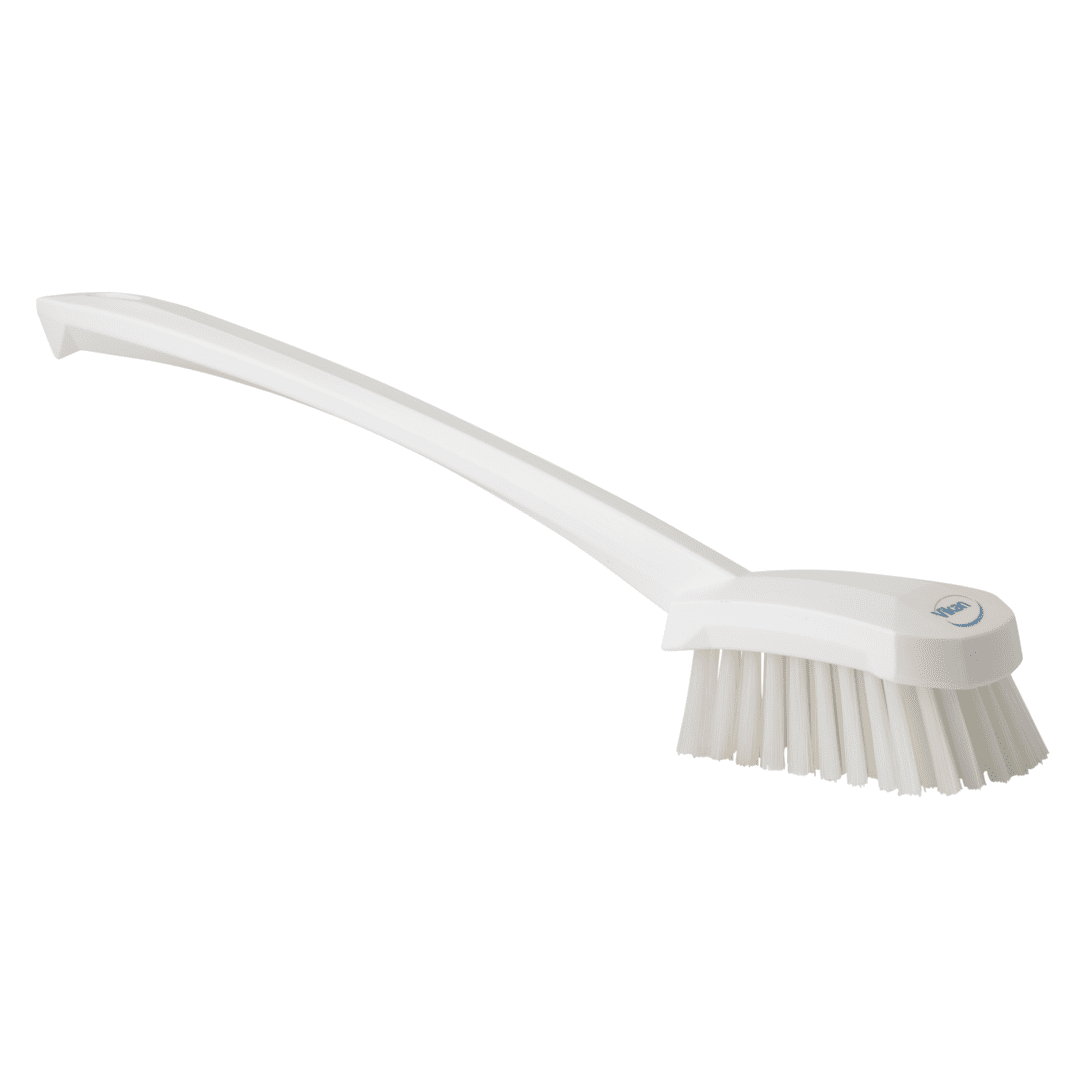 White cleaning brush with long handle.