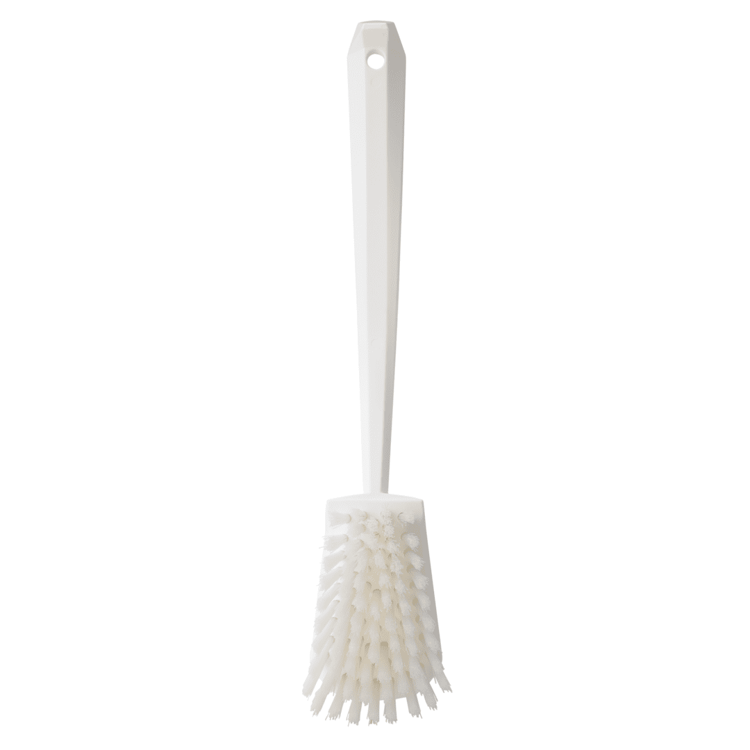 White toilet brush with handle.