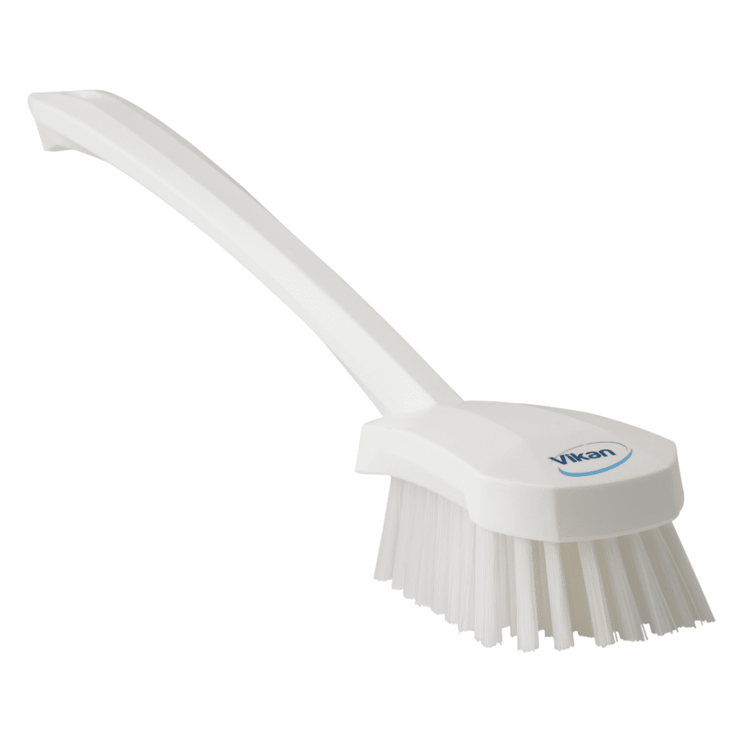 White cleaning brush with long handle.