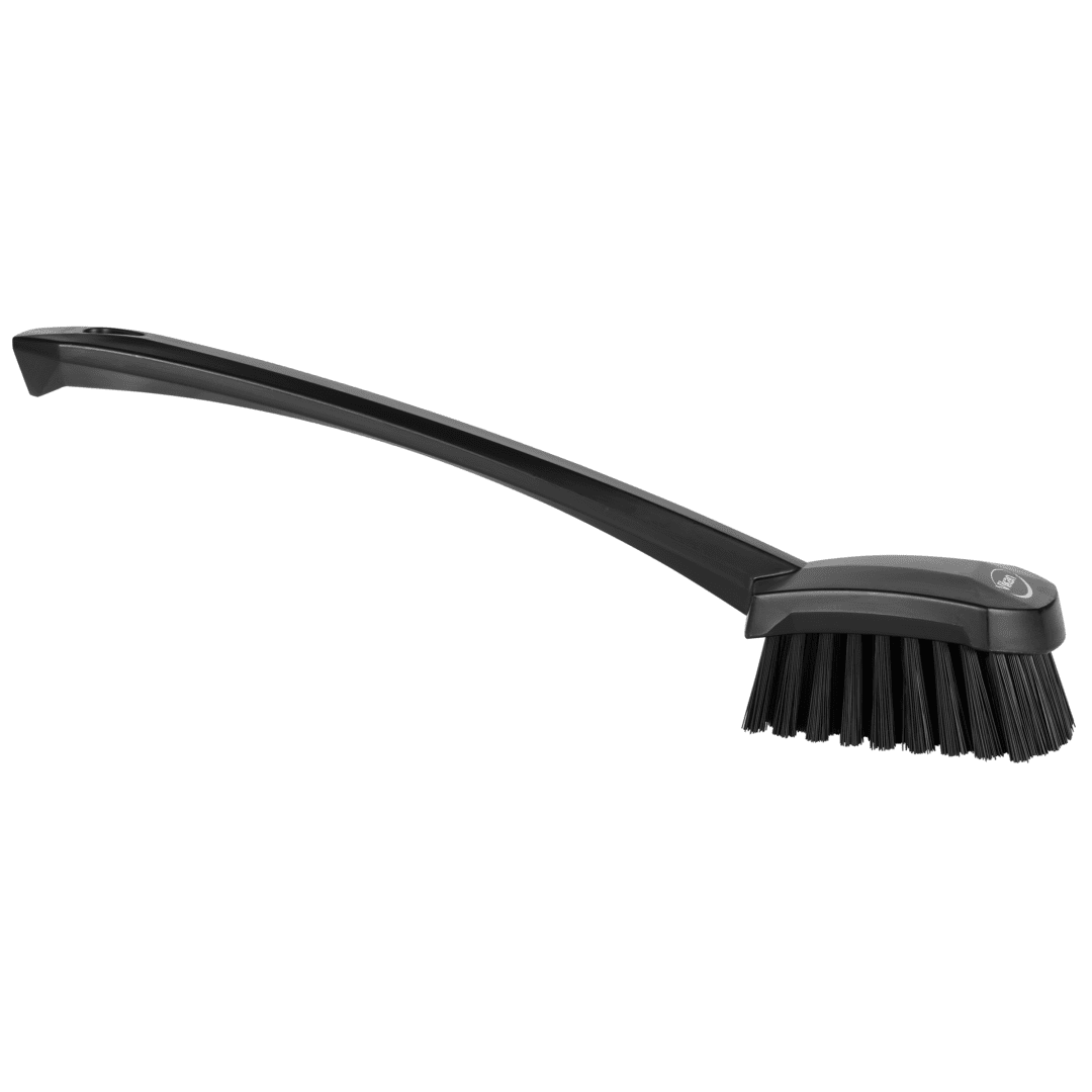 Long-handled black cleaning brush.