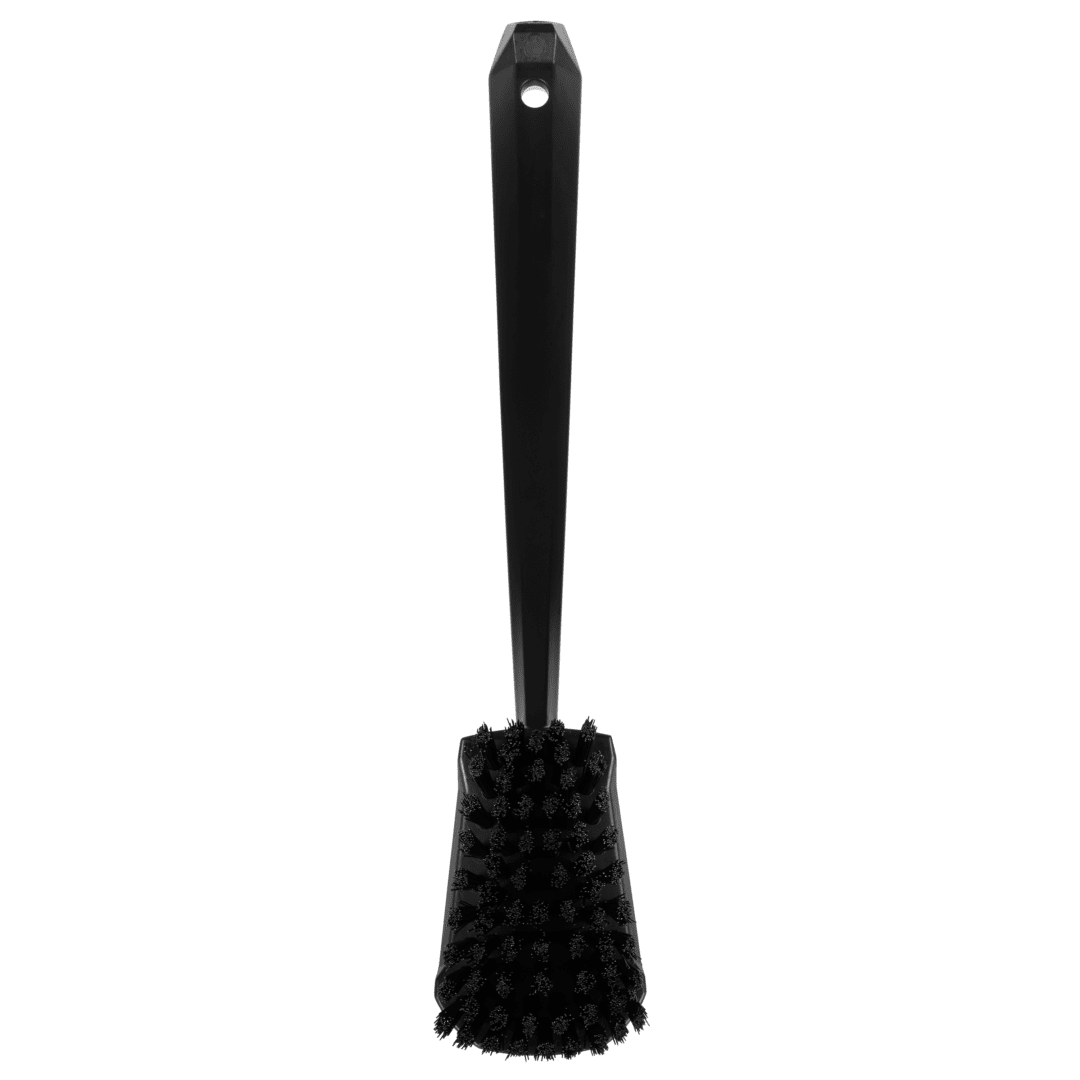 Black toilet brush with a long handle.