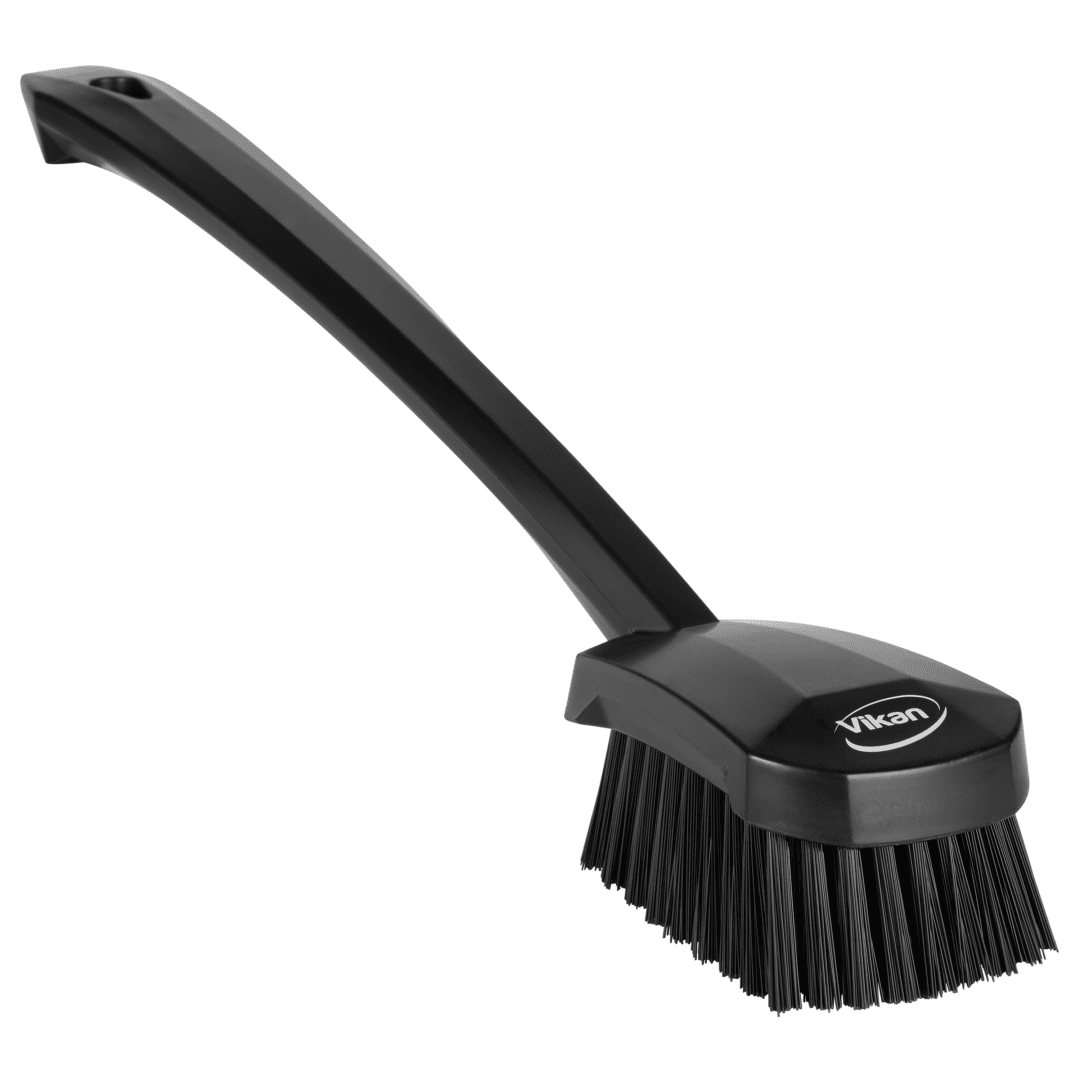 Black cleaning brush with long handle.