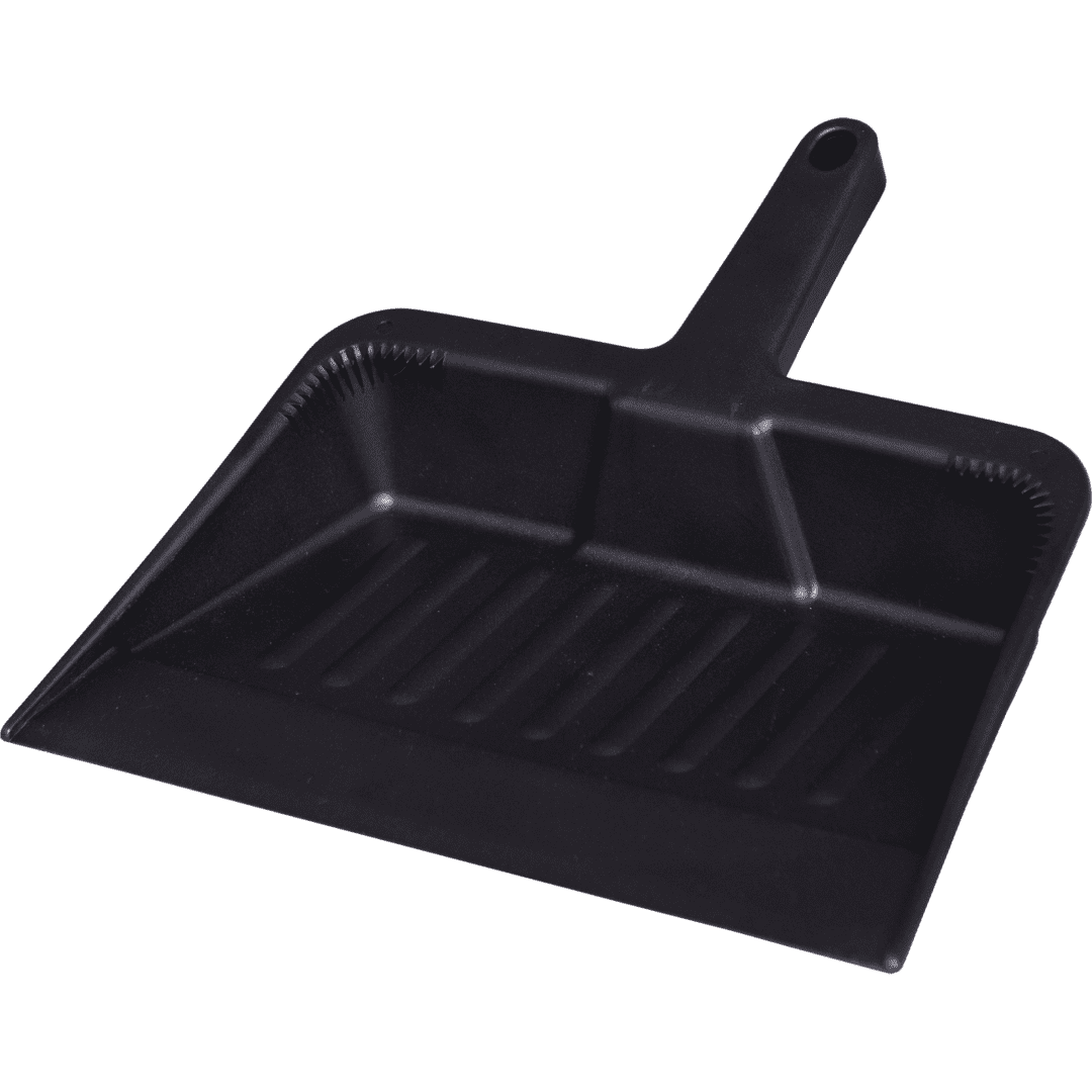 Black plastic dustpan with a handle.