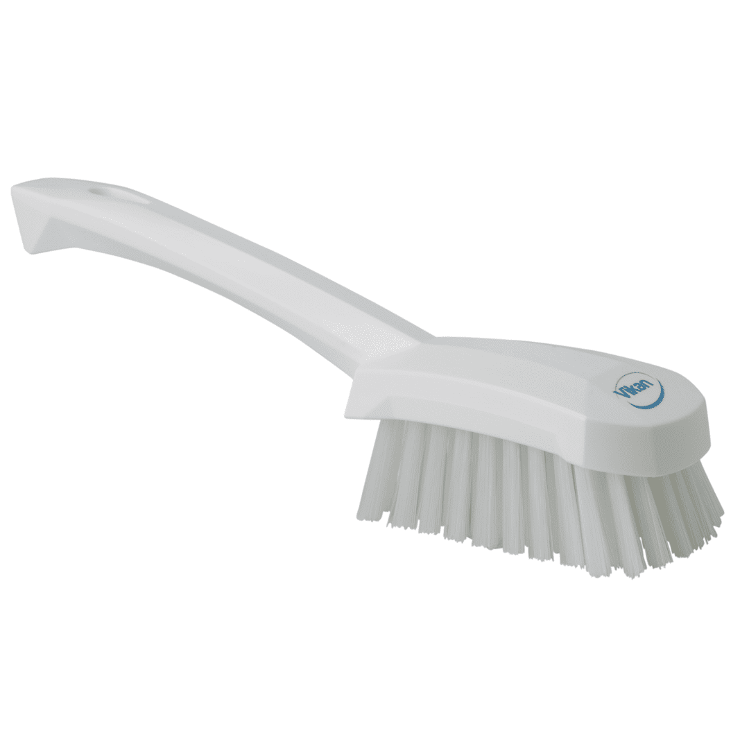 White cleaning brush with soft bristles.
